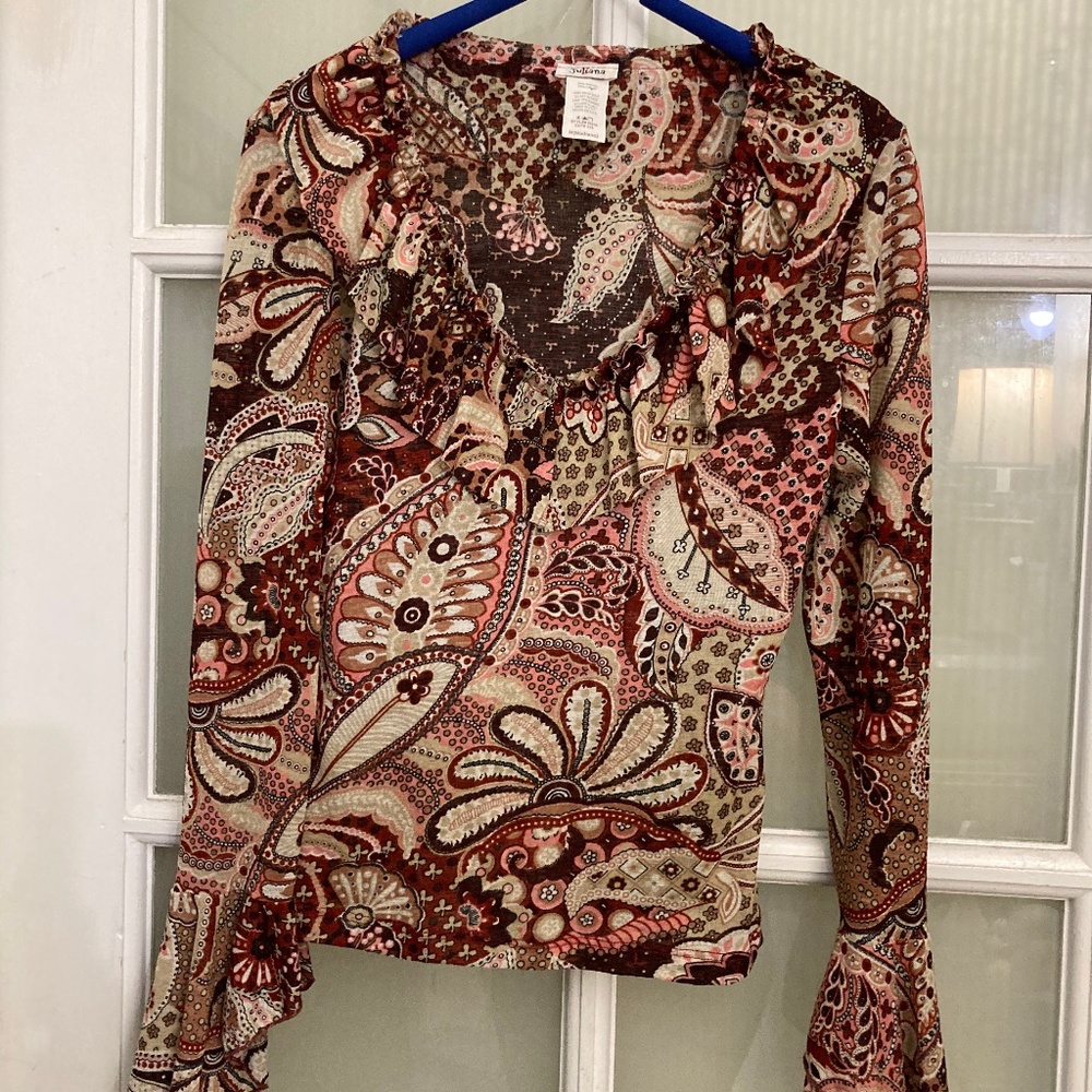 Vintage Y2K Bohemian Paisley Bell Sleeve Top With Ruffles Size M